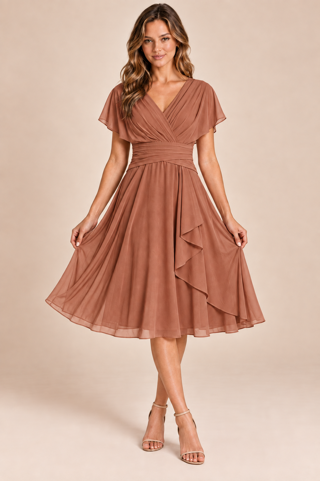 Terracotta V-neck flutter-sleeve chiffon midi dress, front view