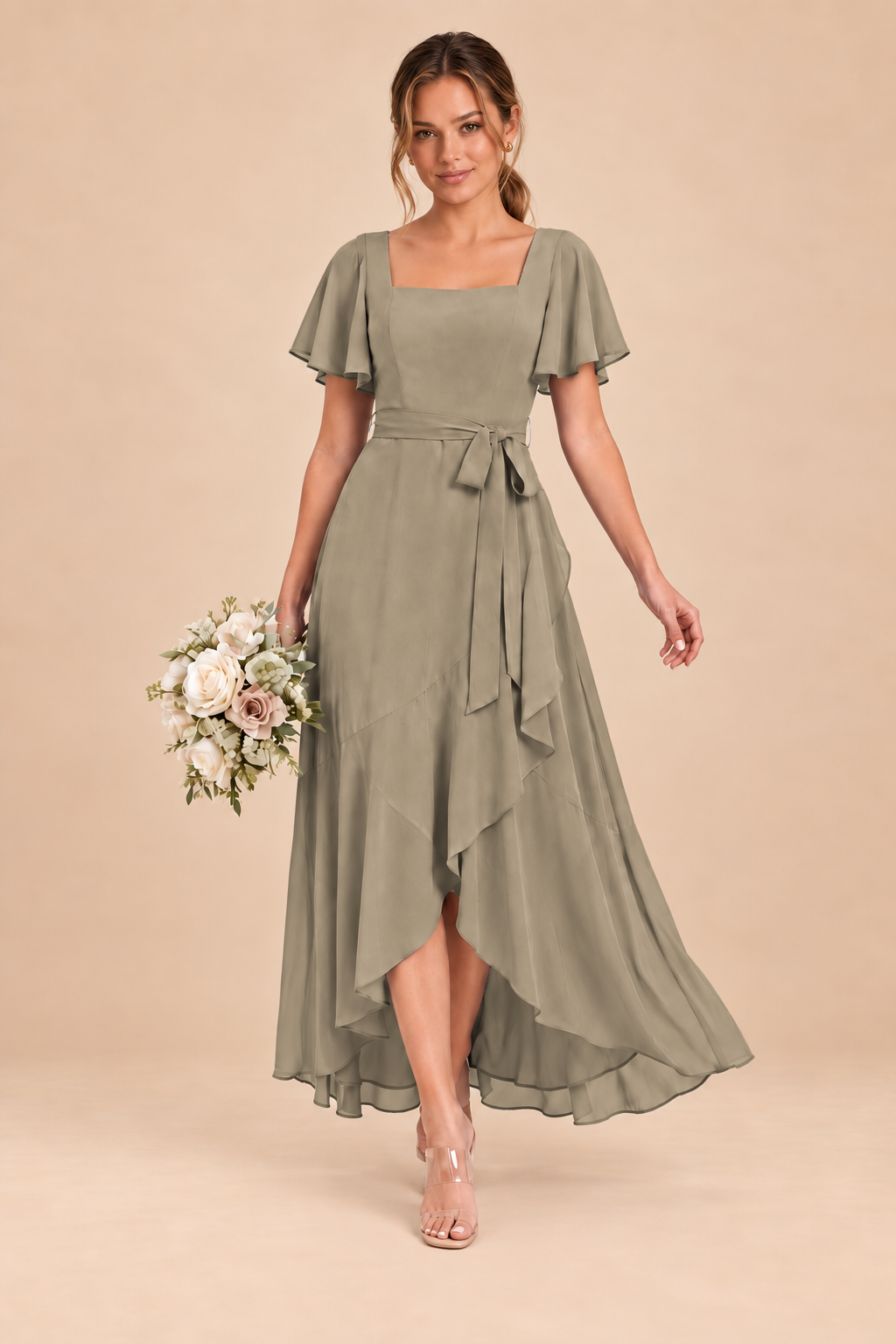 Square-Neck Flutter Sleeve Chiffon Bridesmaid Dress
