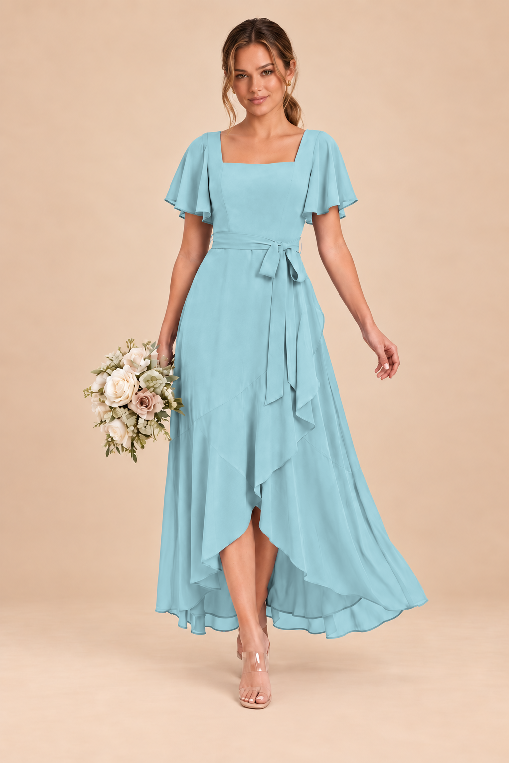Square-Neck Flutter Sleeve Chiffon Bridesmaid Dress
