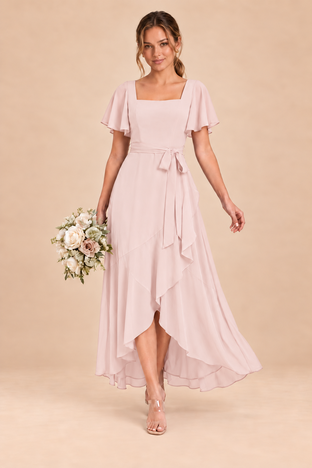 Square-Neck Flutter Sleeve Chiffon Bridesmaid Dress