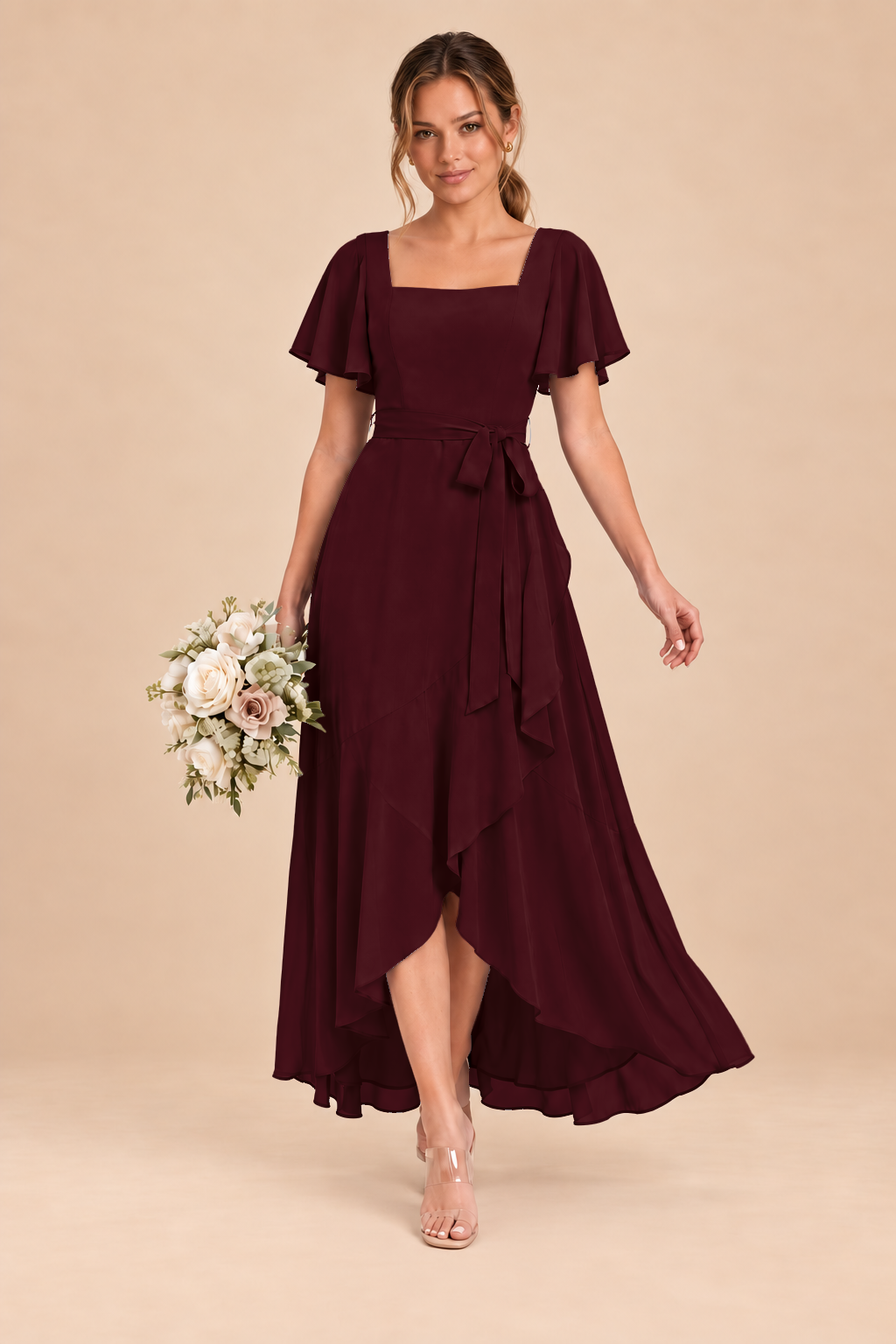Square-Neck Flutter Sleeve Chiffon Bridesmaid Dress