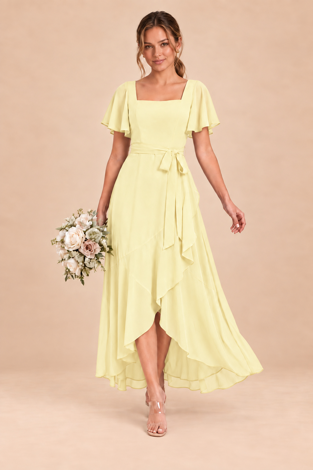 Square-Neck Flutter Sleeve Chiffon Bridesmaid Dress