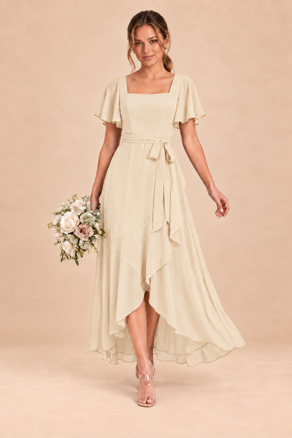 Square-Neck Flutter Sleeve Chiffon Bridesmaid Dress