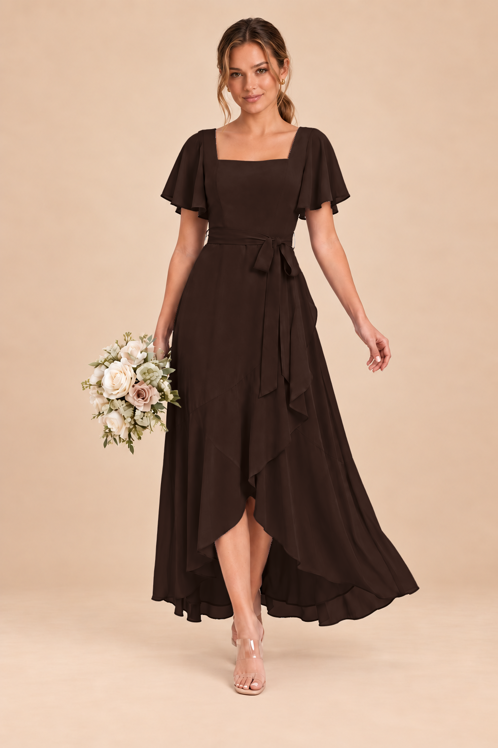 Square-Neck Flutter Sleeve Chiffon Bridesmaid Dress