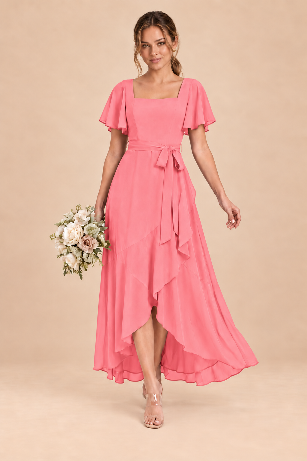 Square-Neck Flutter Sleeve Chiffon Bridesmaid Dress