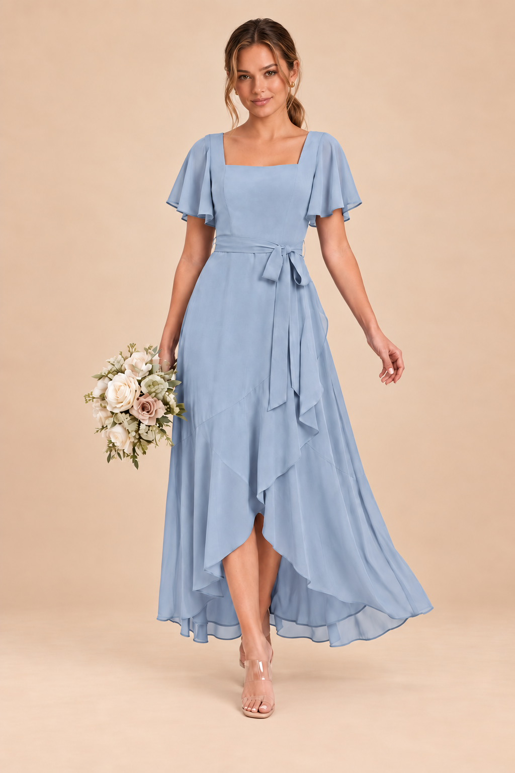 Square-Neck Flutter Sleeve Chiffon Bridesmaid Dress