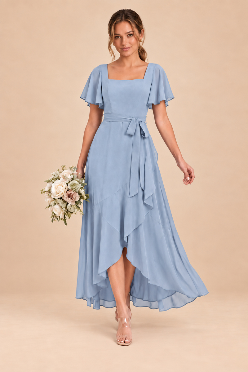 Square-Neck Flutter Sleeve Chiffon Bridesmaid Dress