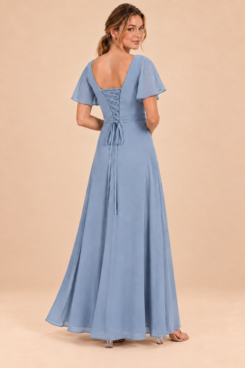 Dusty blue short sleeve chiffon dress, back view showing the lace-up design