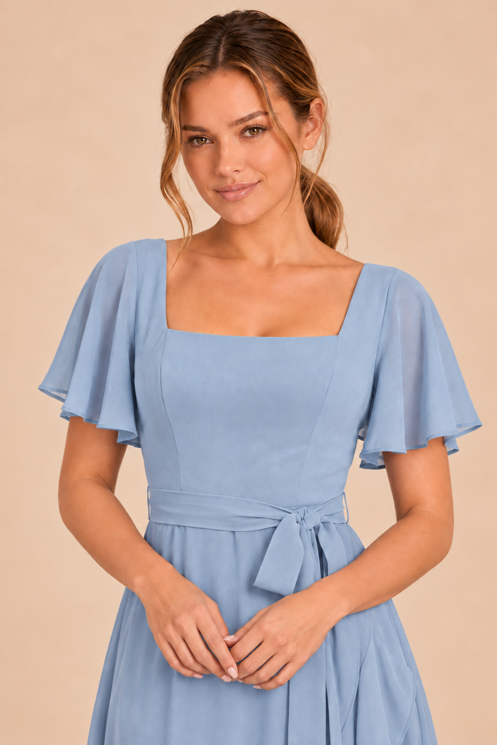 Dusty blue short sleeve chiffon dress, close-up of the neckline and waist