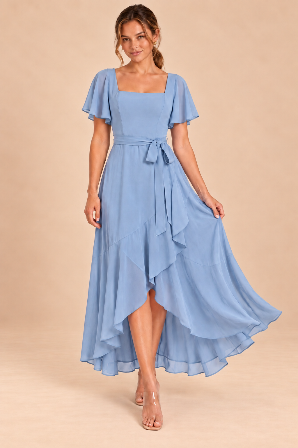 Dusty blue short sleeve chiffon dress, dynamic display of dress design