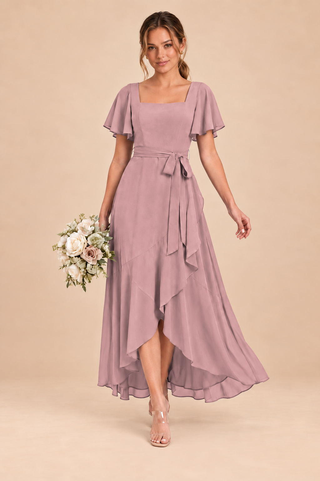 Square-Neck Flutter Sleeve Chiffon Bridesmaid Dress