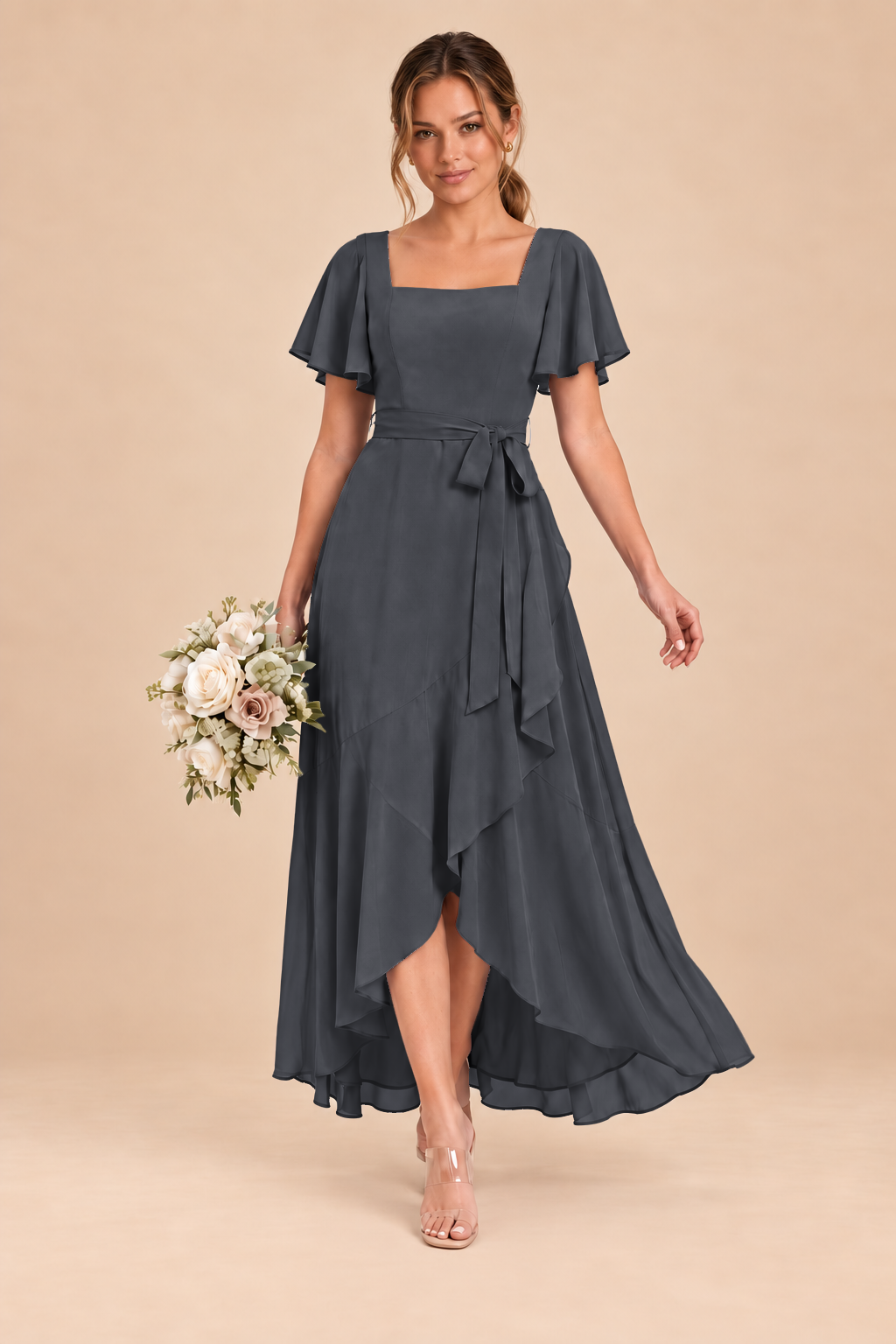 Square-Neck Flutter Sleeve Chiffon Bridesmaid Dress