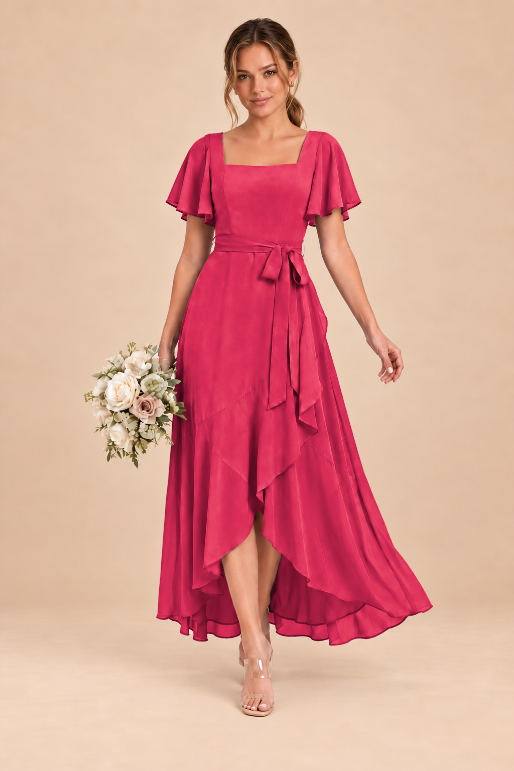 Square-Neck Flutter Sleeve Chiffon Bridesmaid Dress