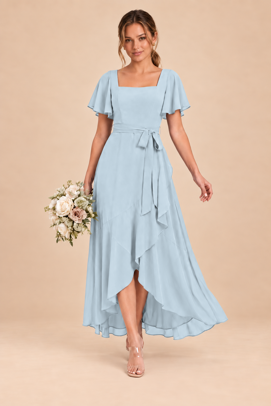 Square-Neck Flutter Sleeve Chiffon Bridesmaid Dress
