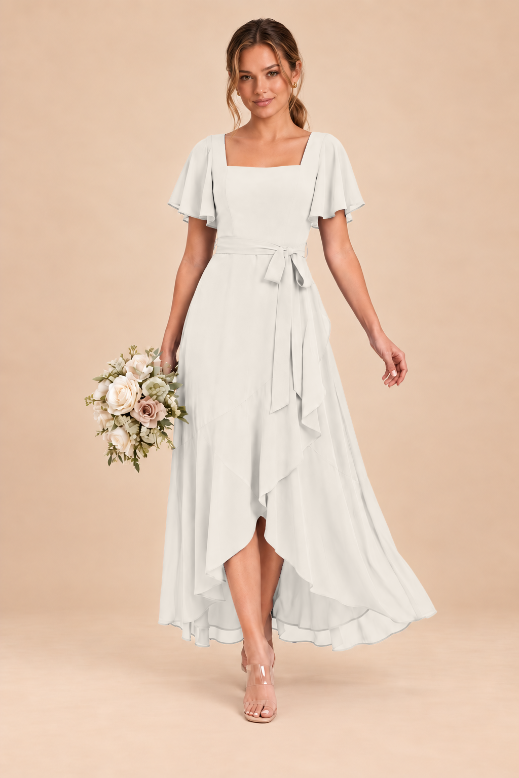 Square-Neck Flutter Sleeve Chiffon Bridesmaid Dress