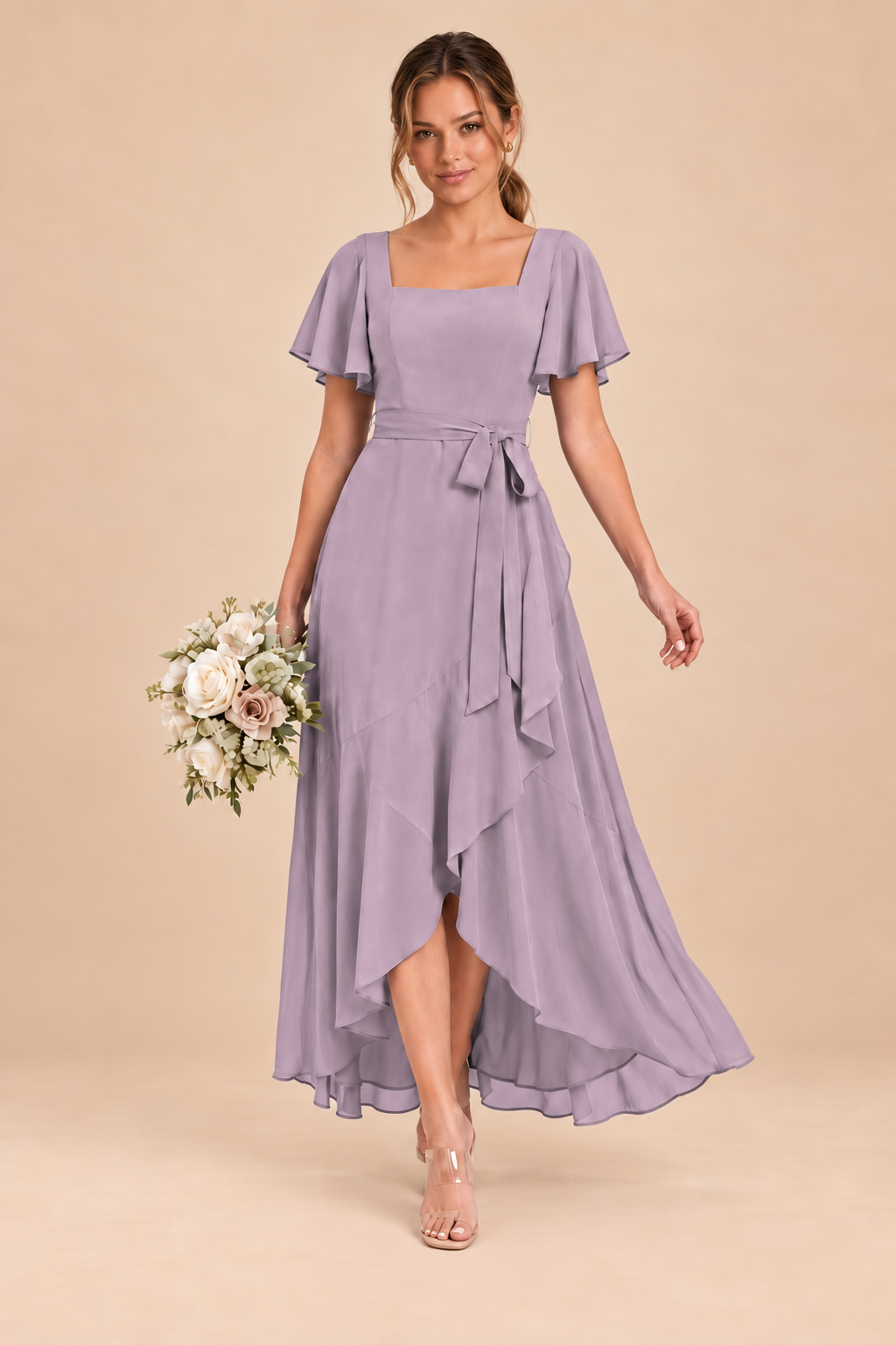 Square-Neck Flutter Sleeve Chiffon Bridesmaid Dress