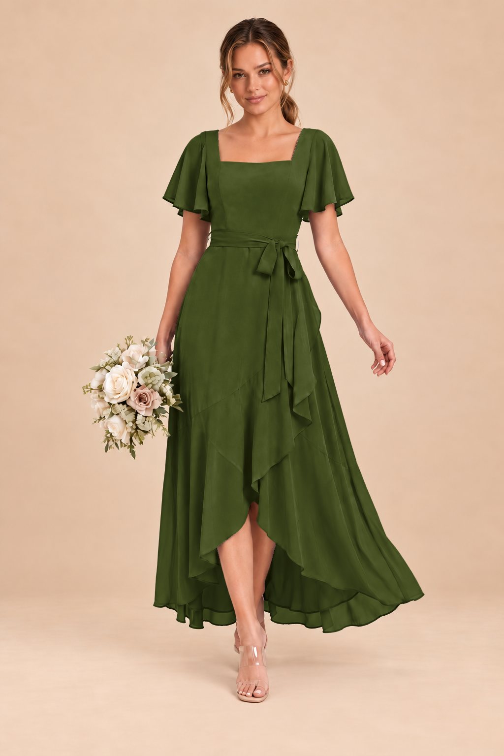 Square-Neck Flutter Sleeve Chiffon Bridesmaid Dress