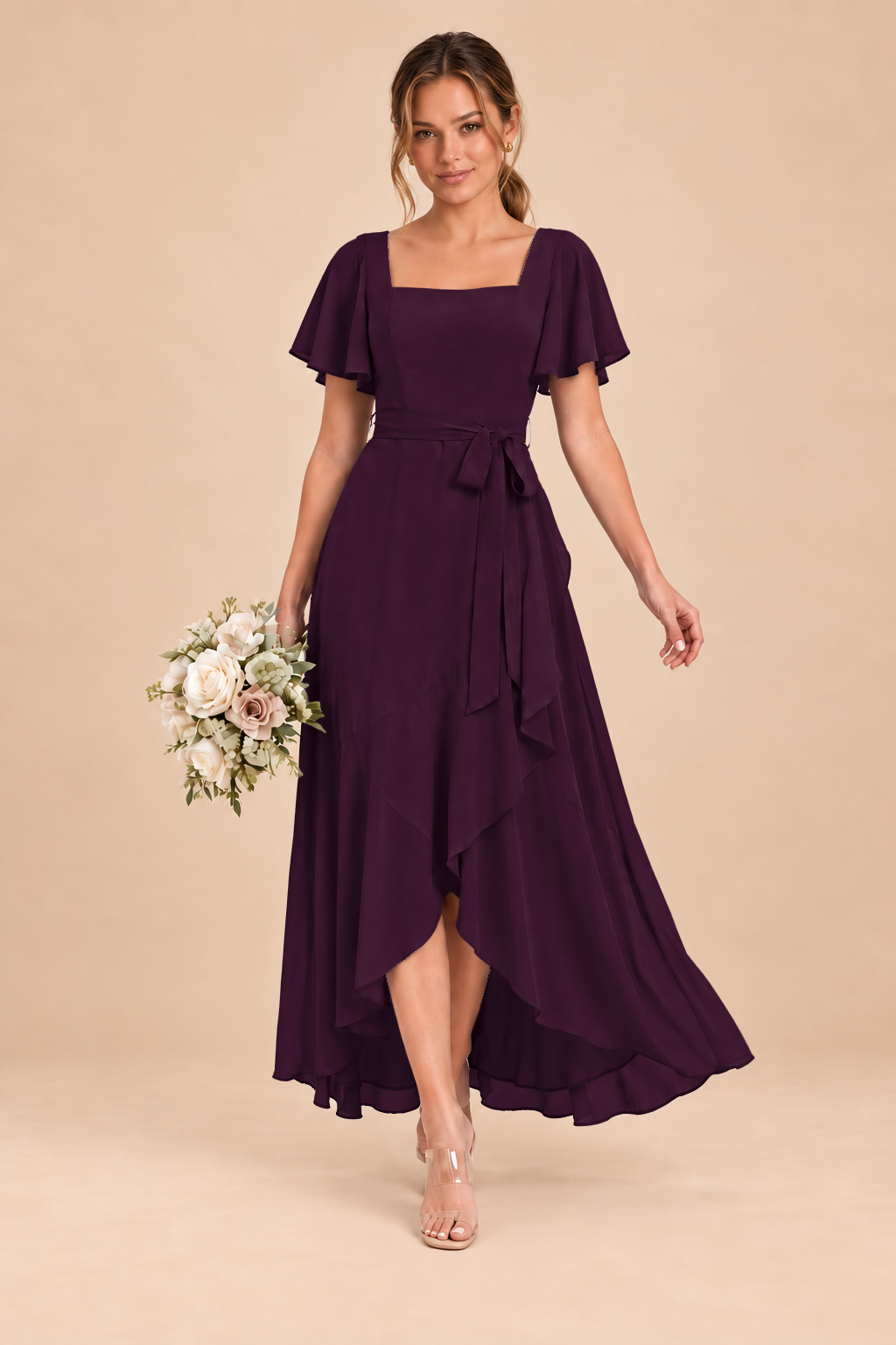 Square-Neck Flutter Sleeve Chiffon Bridesmaid Dress