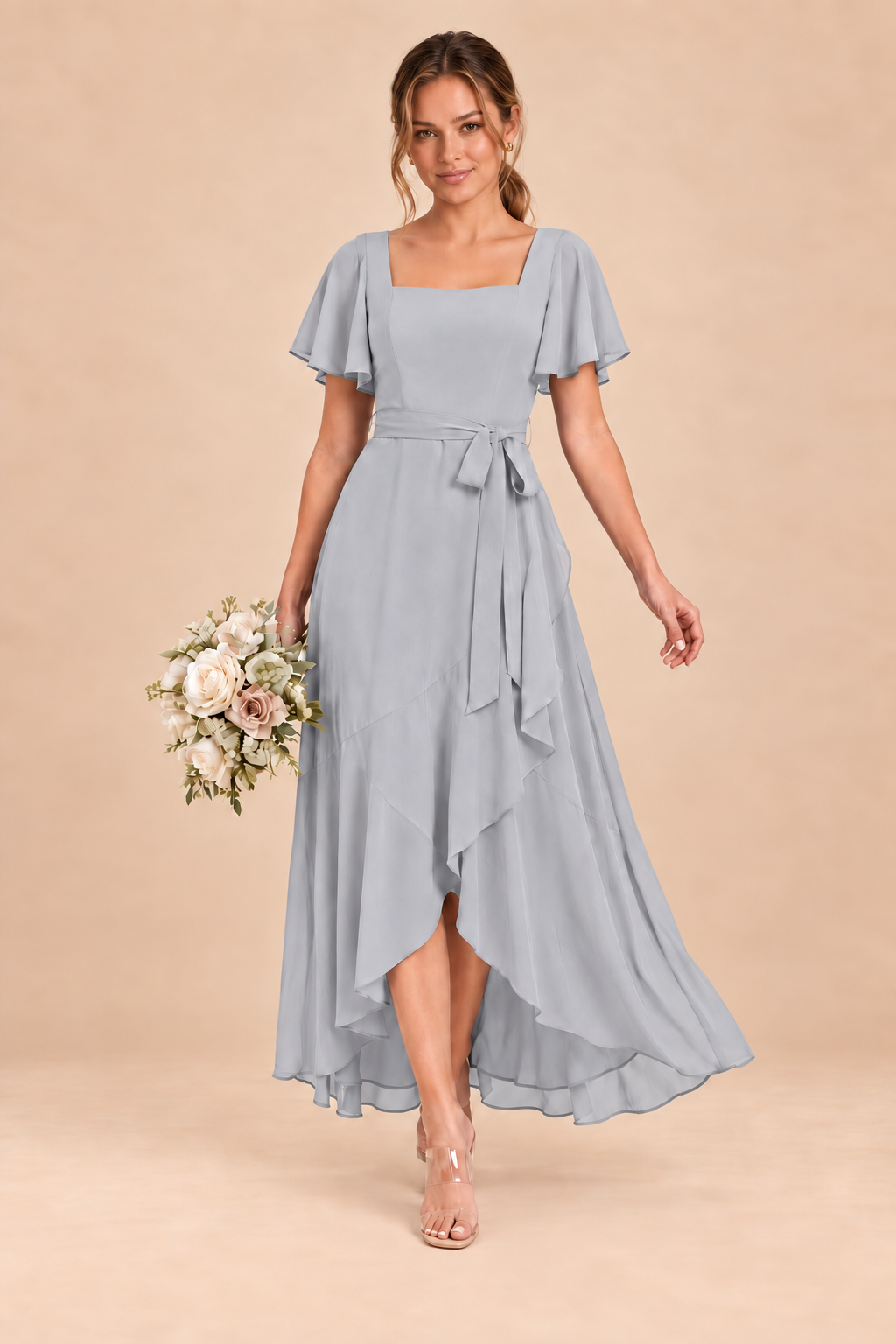 Square-Neck Flutter Sleeve Chiffon Bridesmaid Dress