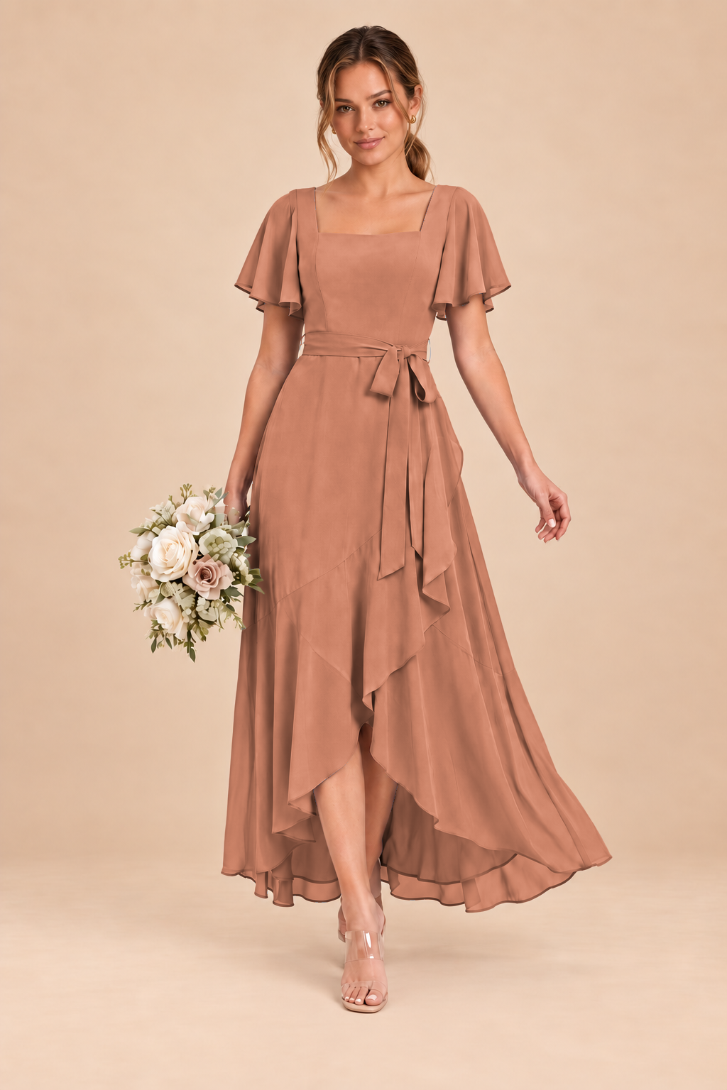 Square-Neck Flutter Sleeve Chiffon Bridesmaid Dress
