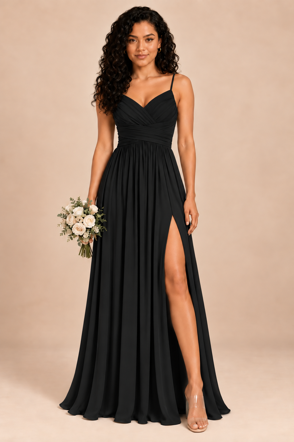 black v-neck spaghetti straps chiffon bridesmaid dress with slit, front view