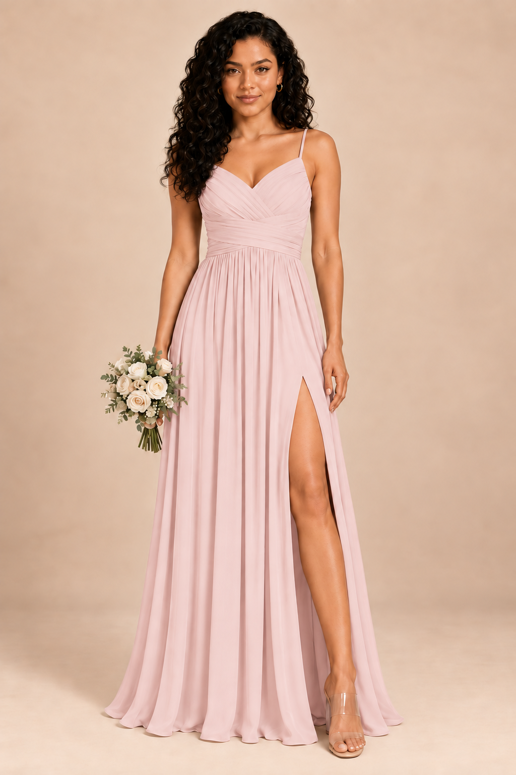 blush pink v-neck spaghetti straps chiffon bridesmaid dress with slit, front view