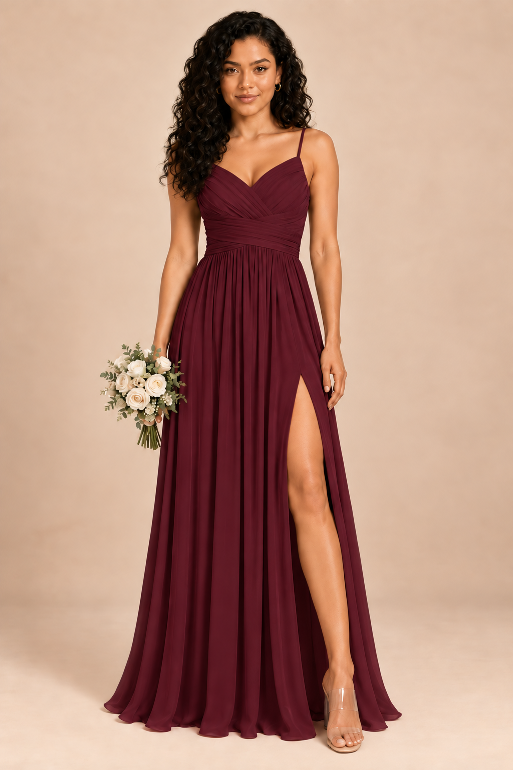 burgundy v-neck spaghetti straps chiffon bridesmaid dress with slit, front view