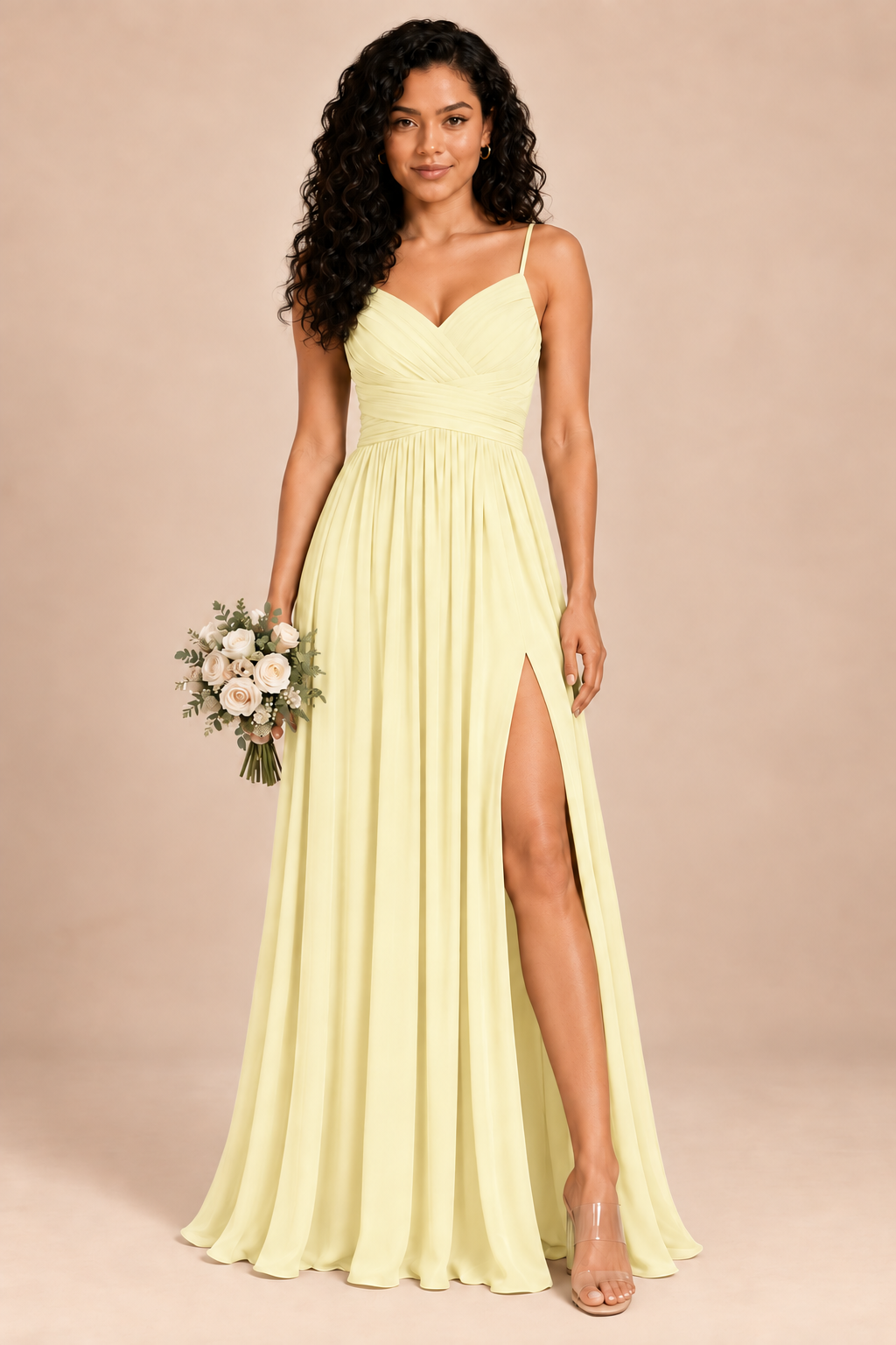 butter yellow v-neck spaghetti straps chiffon bridesmaid dress with slit, front view