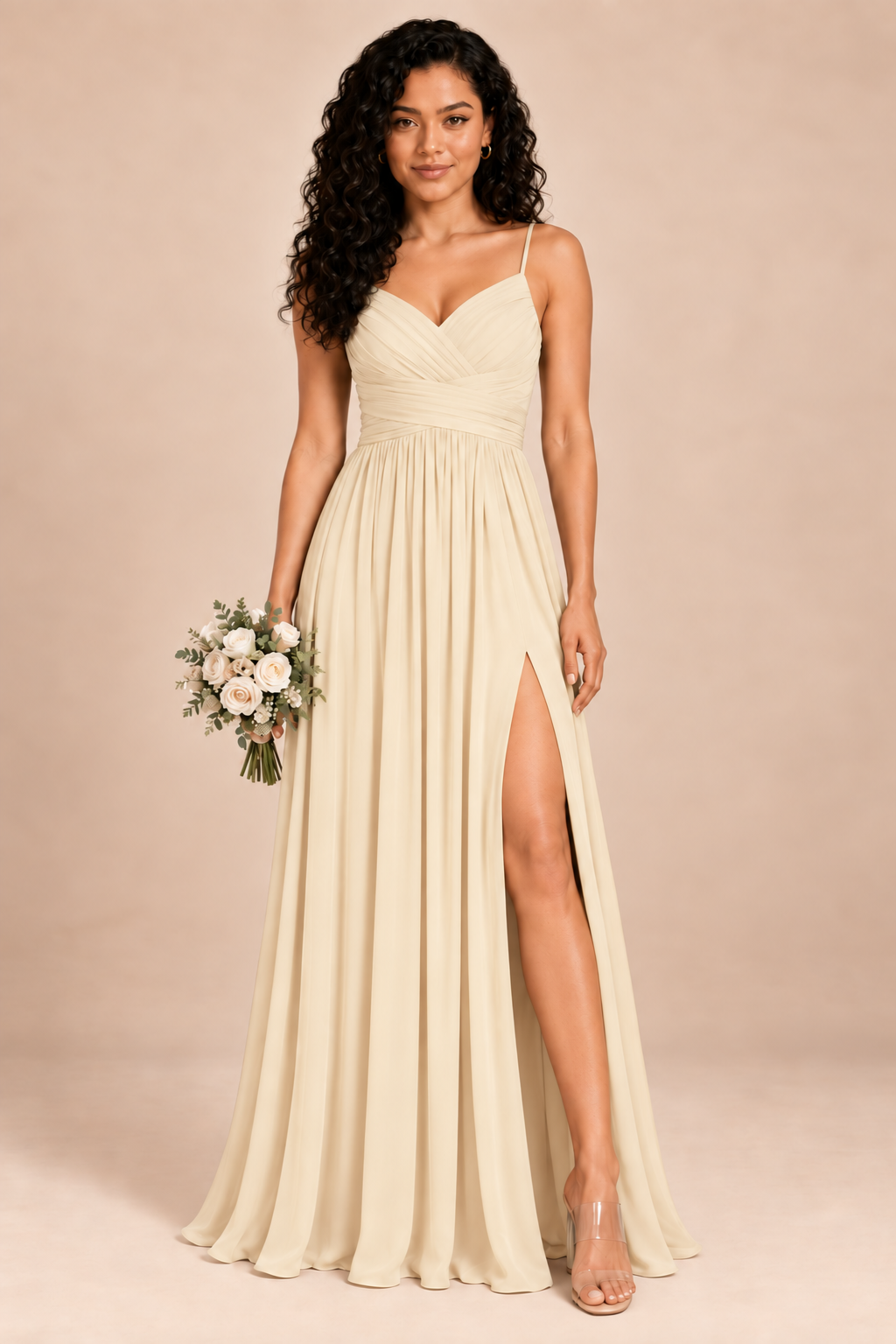 champagne v-neck spaghetti straps chiffon bridesmaid dress with slit, front view