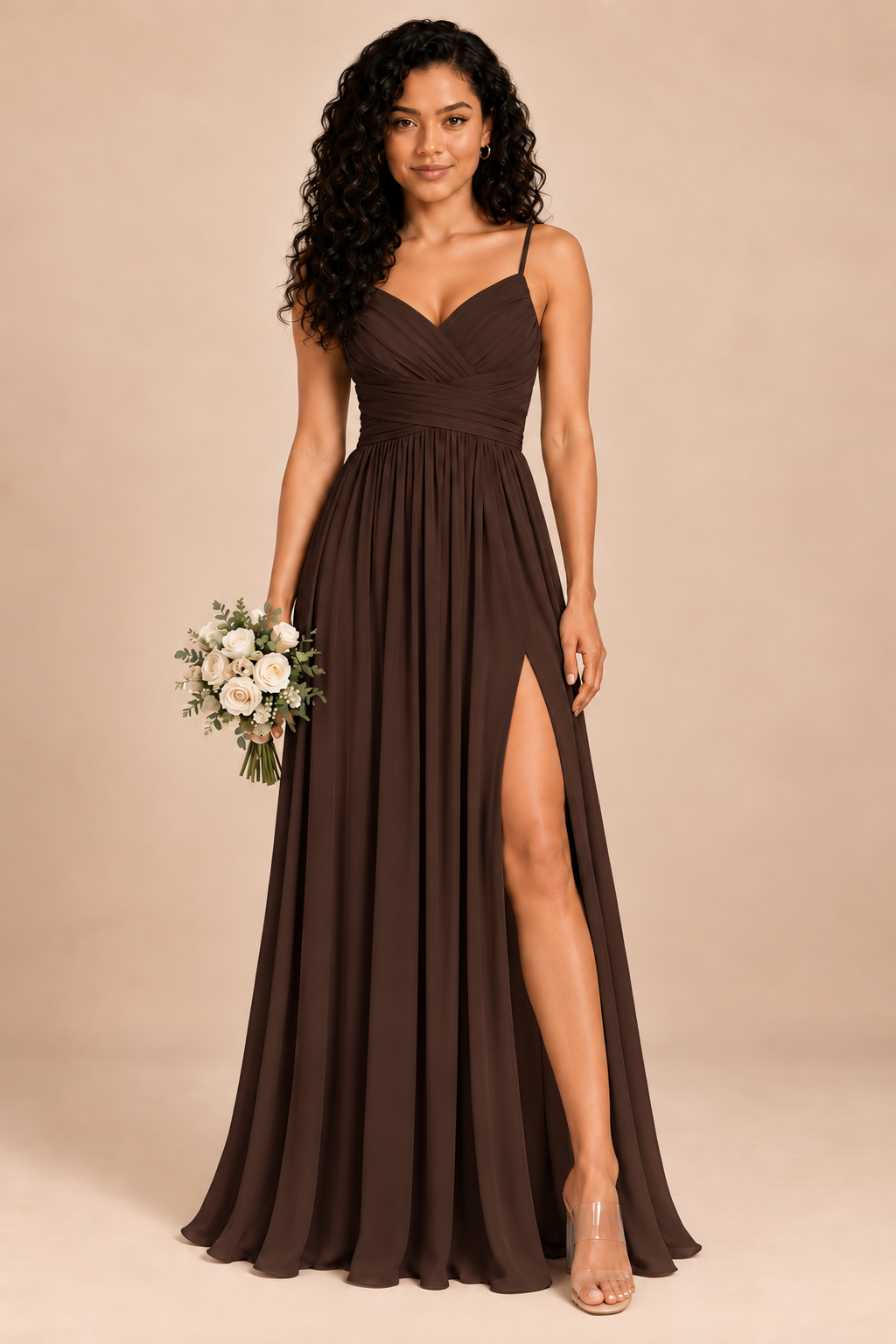 chocolate brown v-neck spaghetti straps chiffon bridesmaid dress with slit, front view