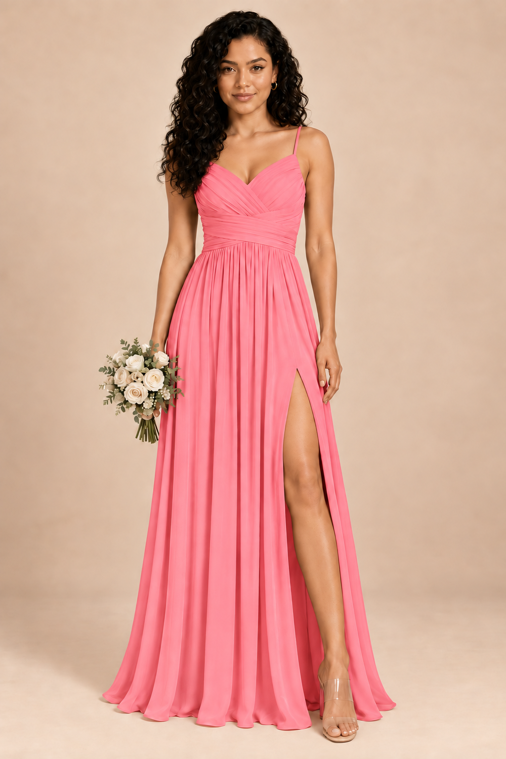 coral v-neck spaghetti straps chiffon bridesmaid dress with slit, front view