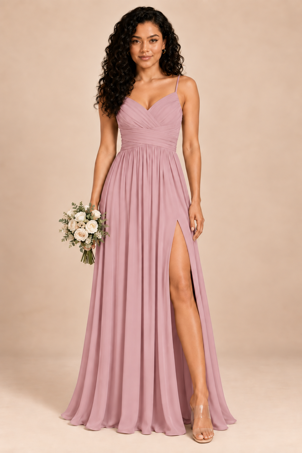 dusty rose v-neck spaghetti straps chiffon bridesmaid dress with slit, front view