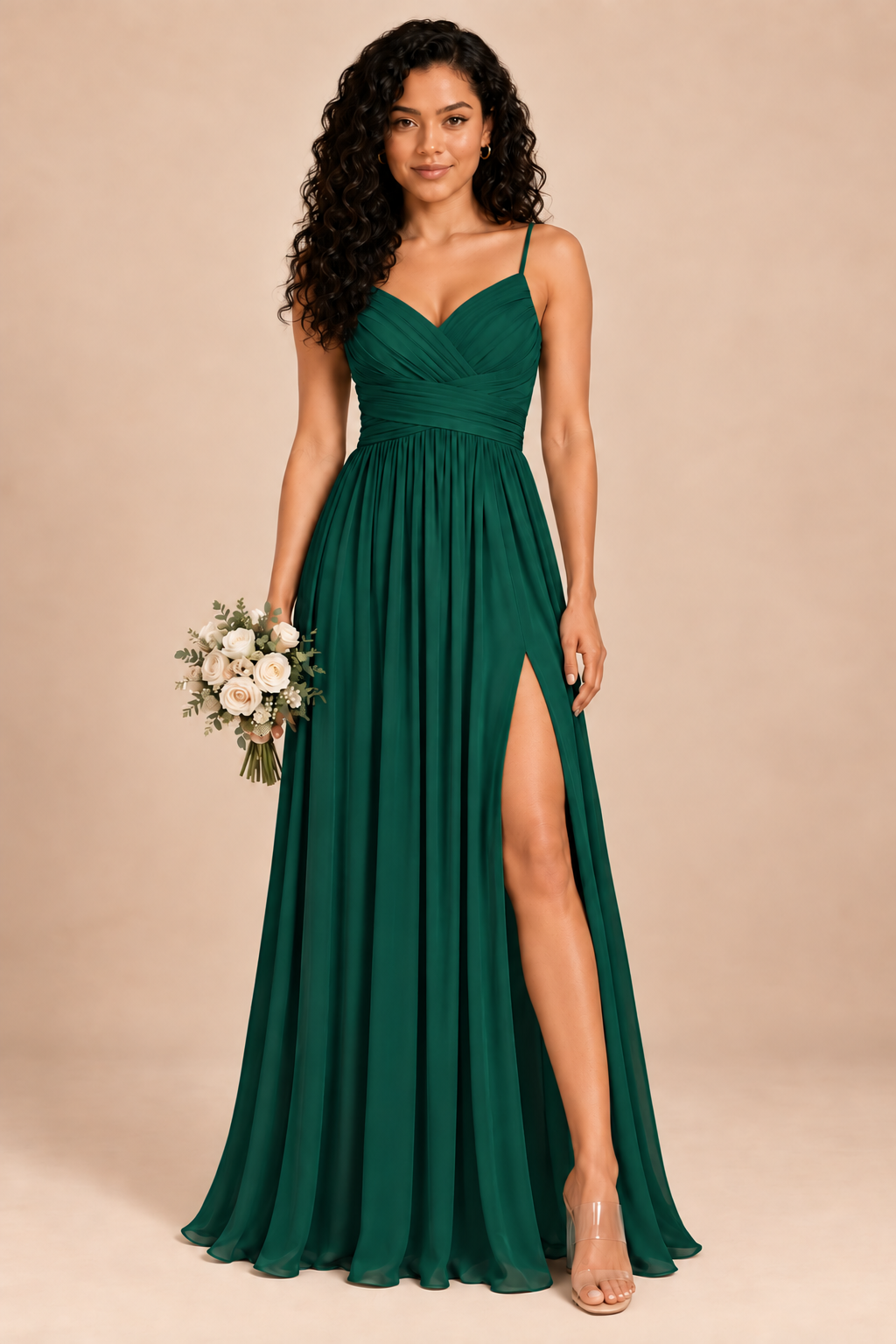 emerald green v-neck spaghetti straps chiffon bridesmaid dress with slit, front view