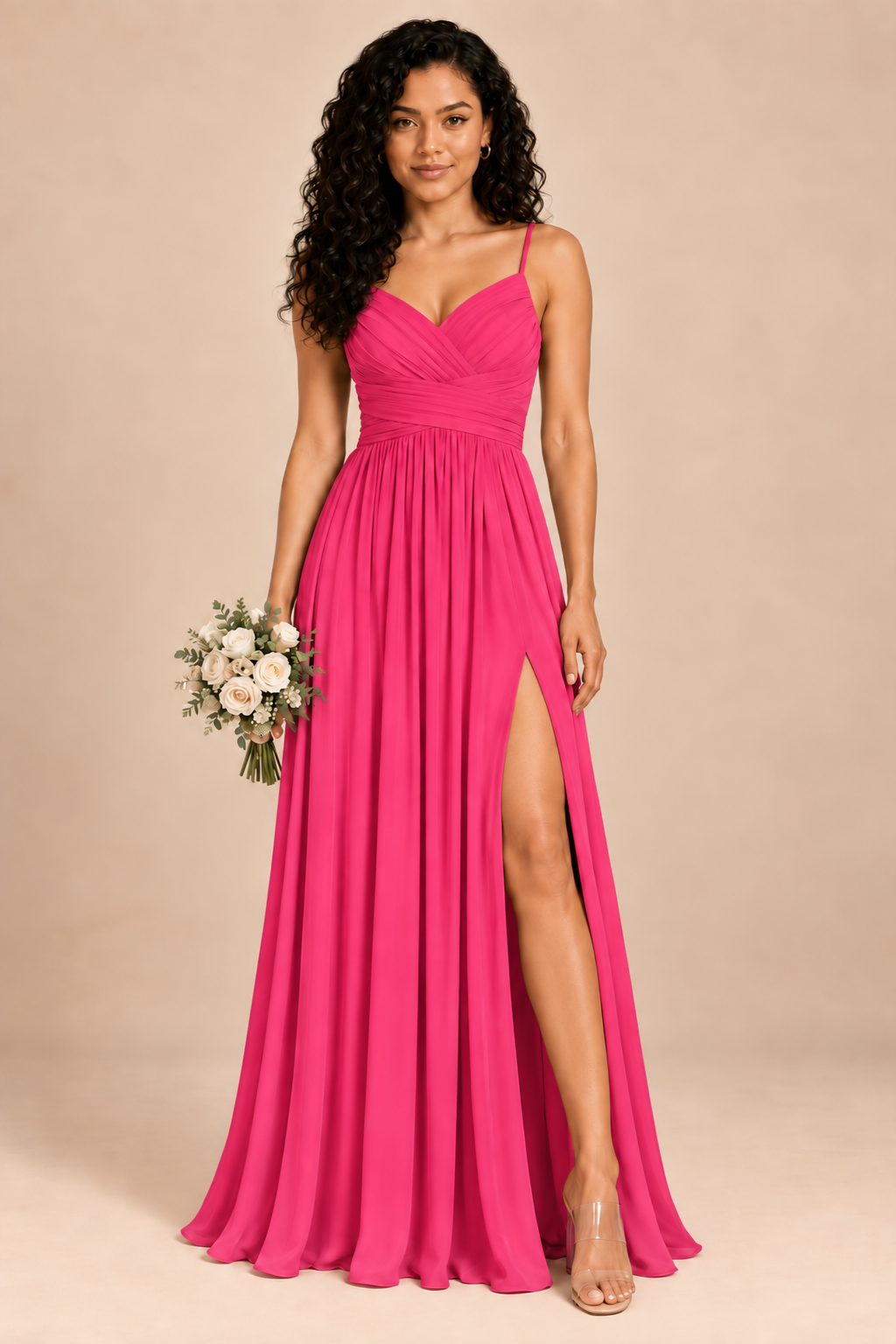 hot pink v-neck spaghetti straps chiffon bridesmaid dress with slit, front view