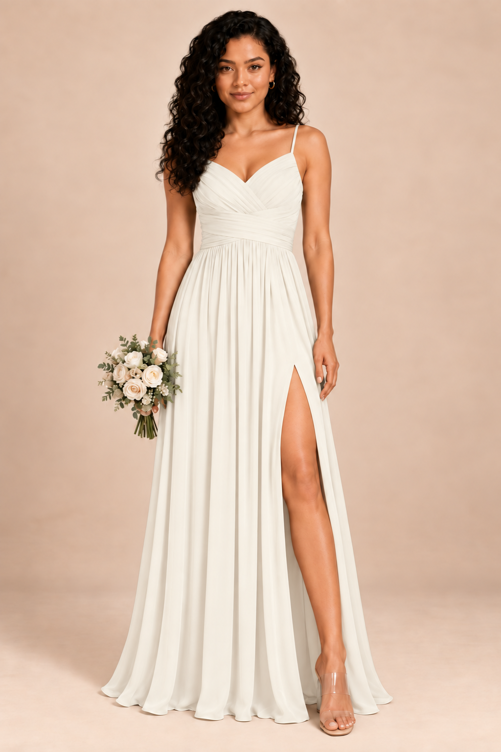 ivory v-neck spaghetti straps chiffon bridesmaid dress with slit, front view