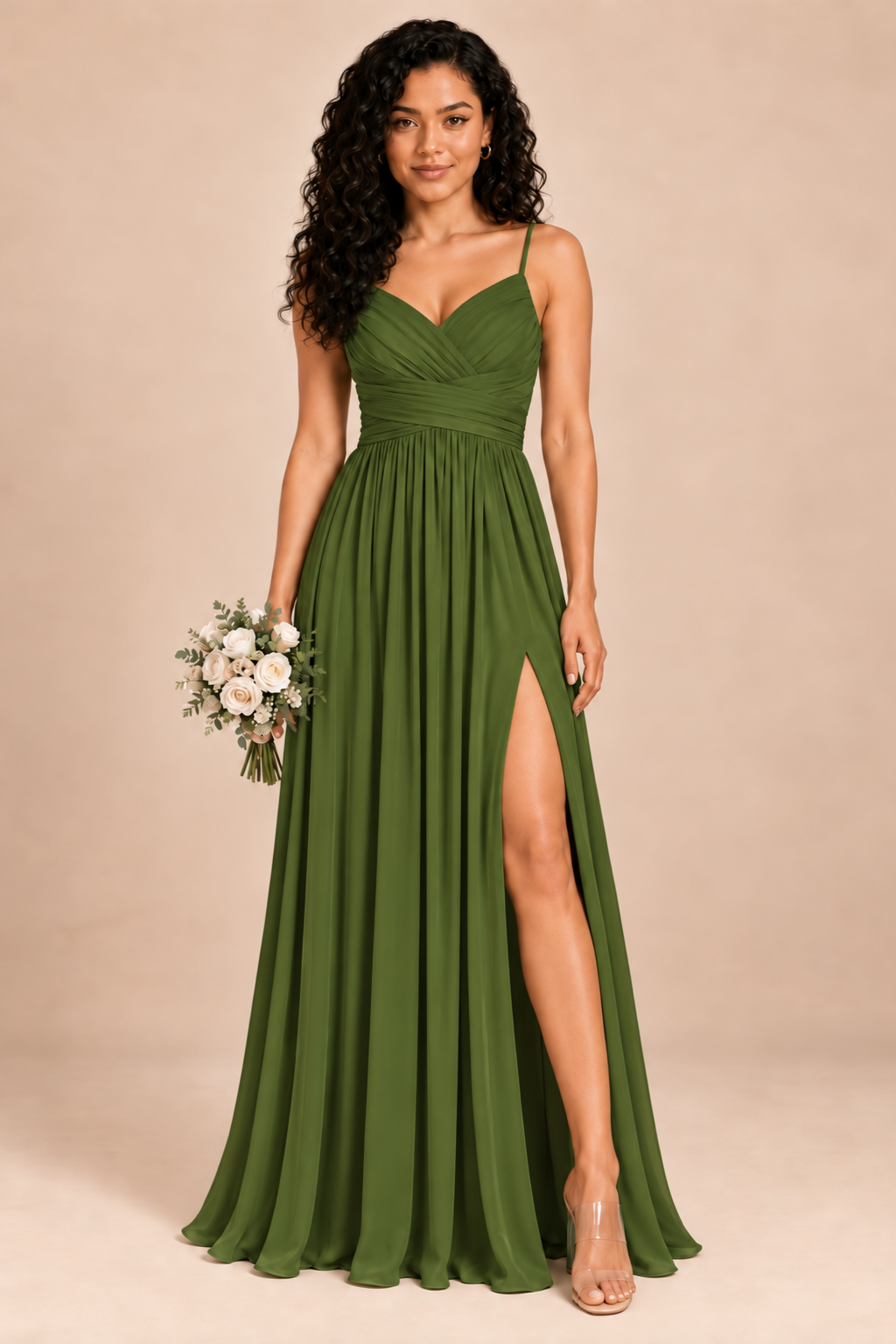 olive green v-neck spaghetti straps chiffon bridesmaid dress with slit, front view