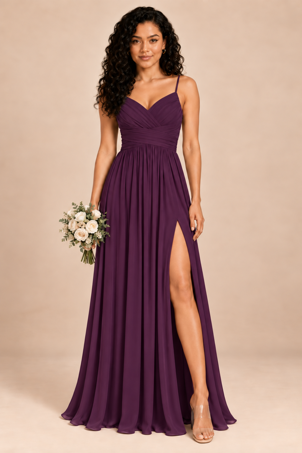 plum v-neck spaghetti straps chiffon bridesmaid dress with slit, front view