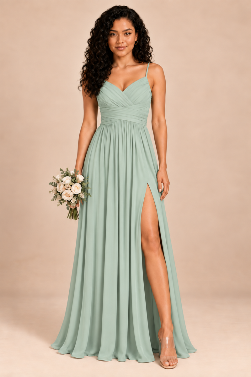 sage green v-neck spaghetti straps chiffon bridesmaid dress with slit, front view