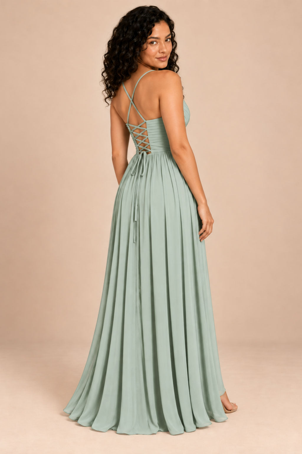 sage green v-neck spaghetti straps chiffon bridesmaid dress with slit, back view