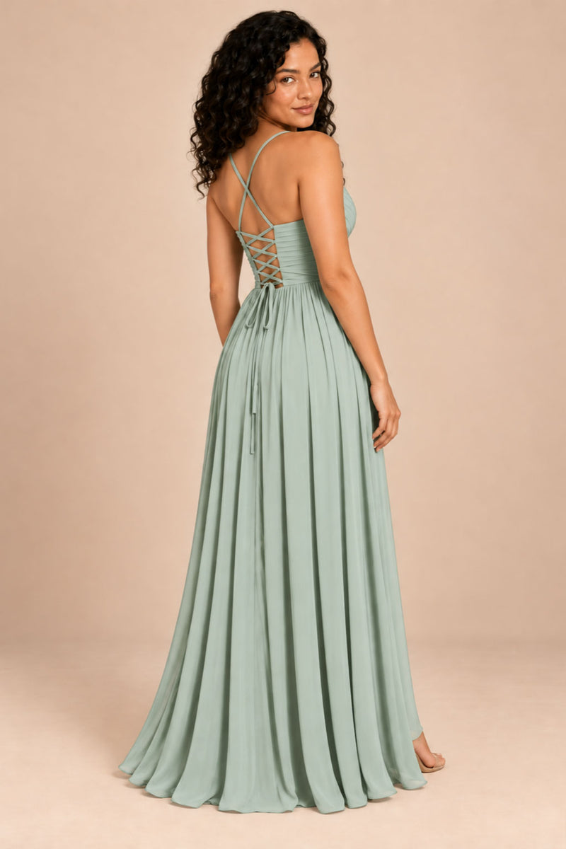 sage green v-neck spaghetti straps chiffon bridesmaid dress with slit, back view