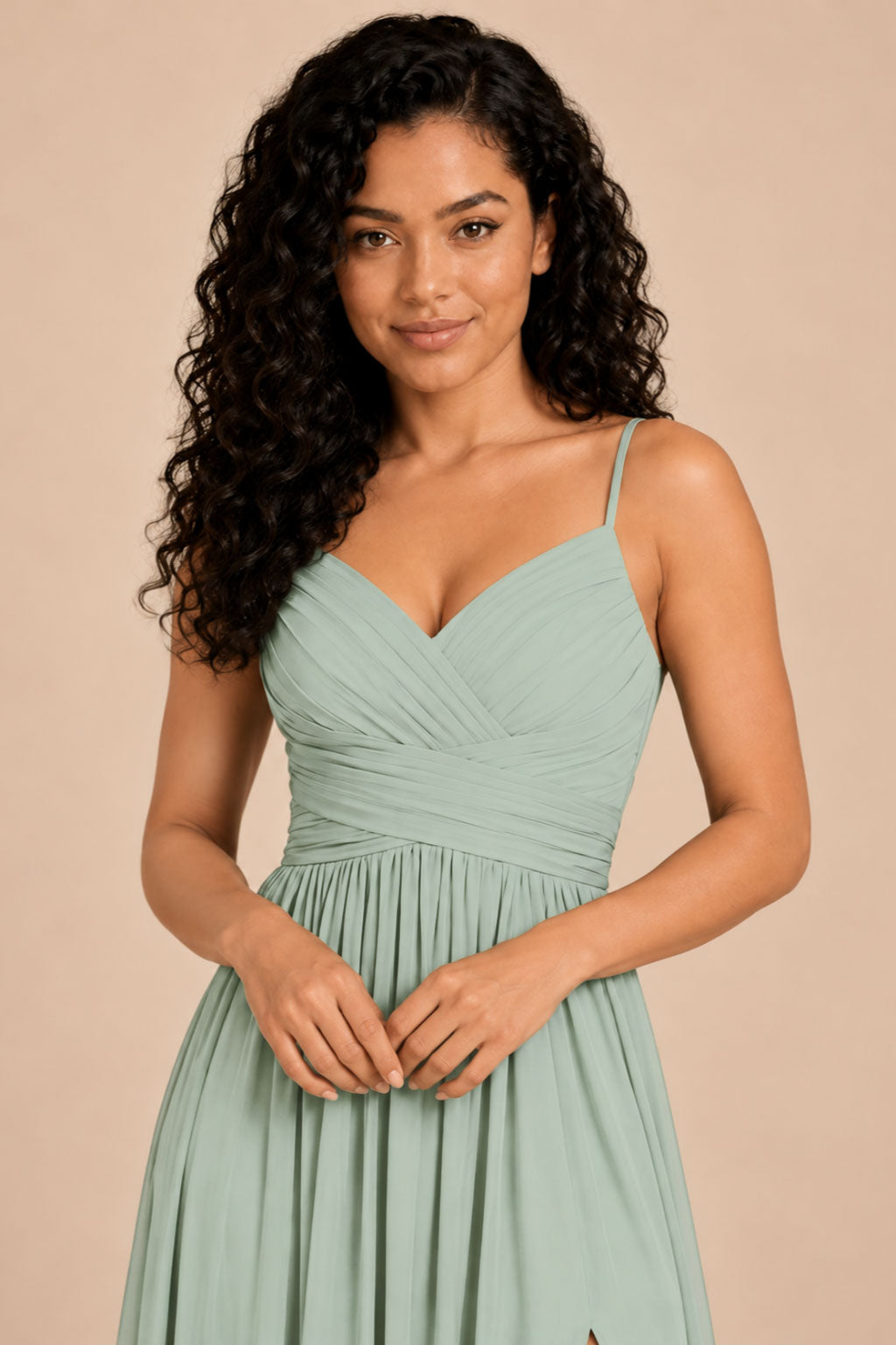 sage green v-neck spaghetti straps chiffon bridesmaid dress with slit, detail view