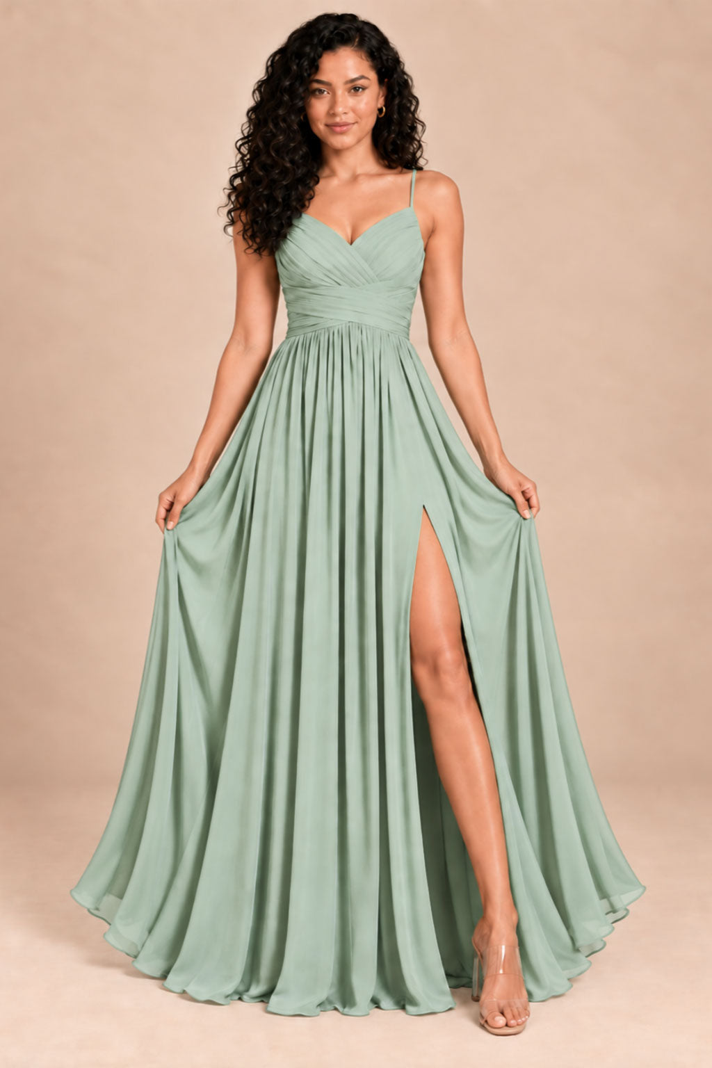 sage green v-neck spaghetti straps chiffon bridesmaid dress with slit, movement view