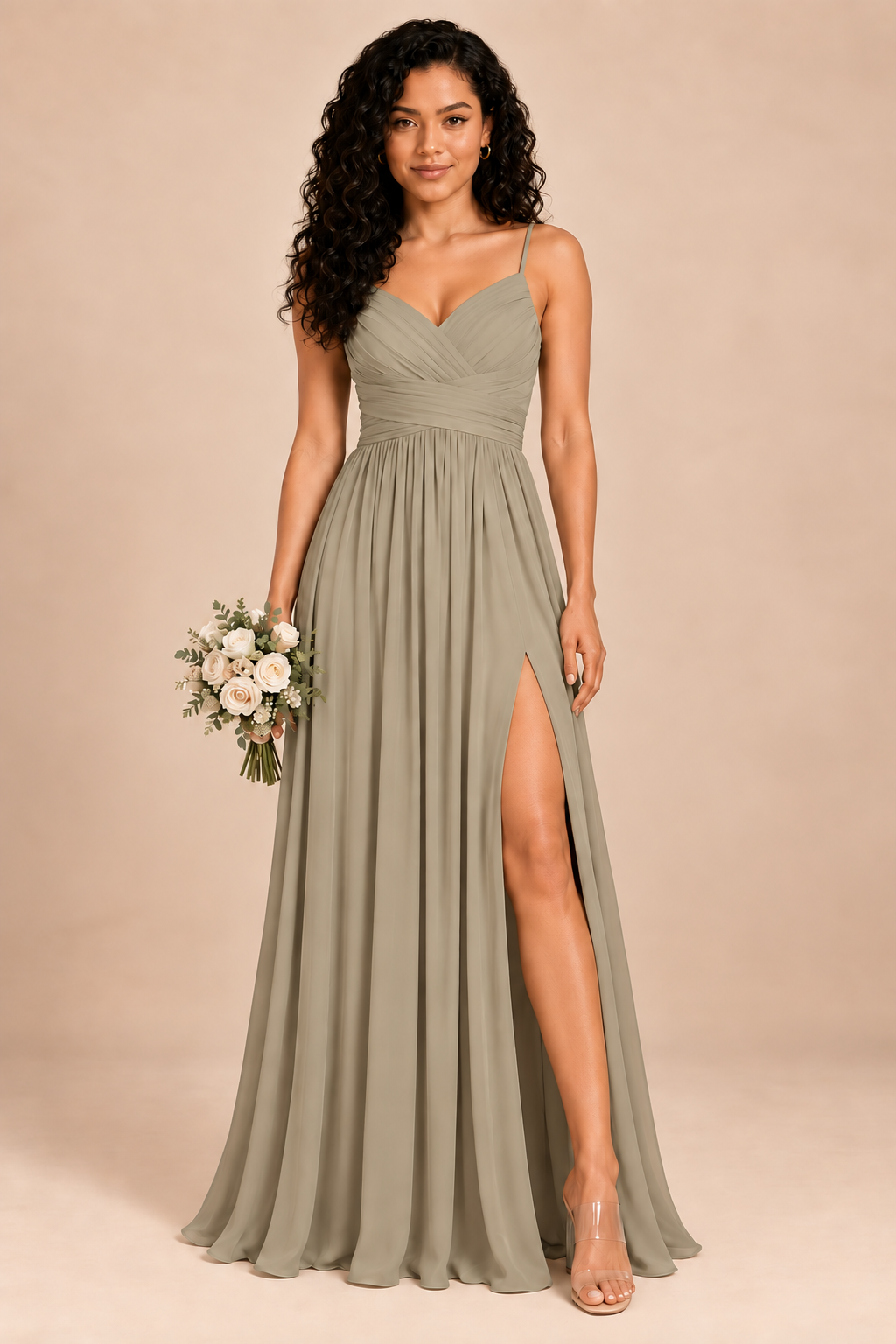 taupe v-neck spaghetti straps chiffon bridesmaid dress with slit, front view