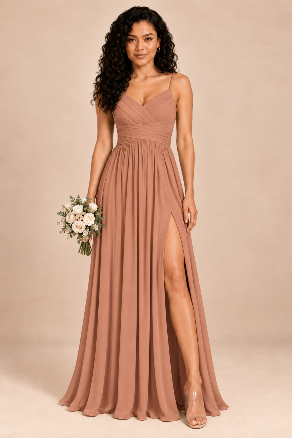 terracotta v-neck spaghetti straps chiffon bridesmaid dress with slit, front view