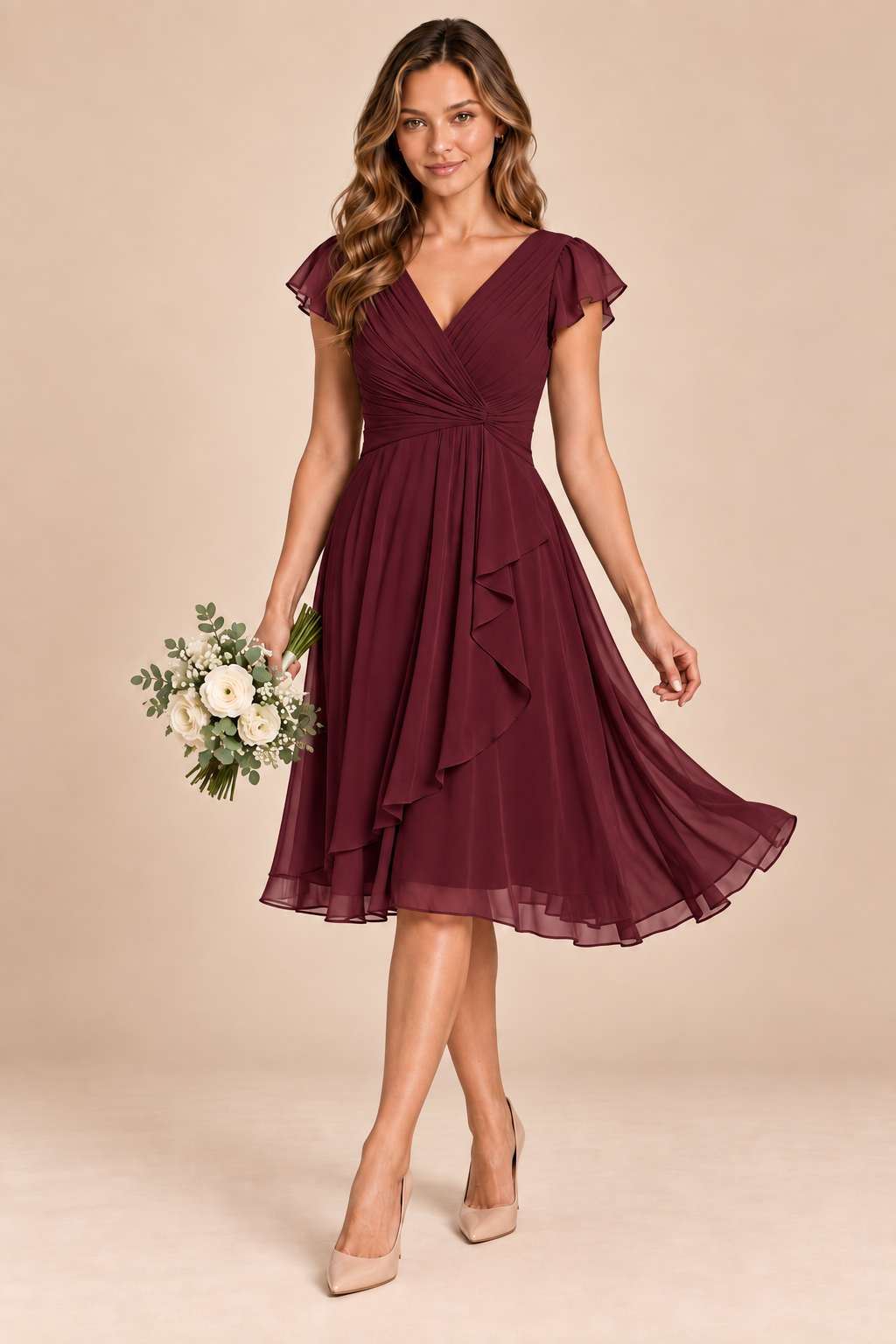 burgundy v-neck flutter sleeve chiffon short bridesmaid dress, front view