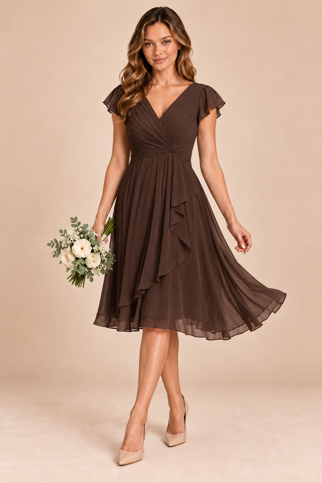 chocolate brown v-neck flutter sleeve chiffon short bridesmaid dress, front view