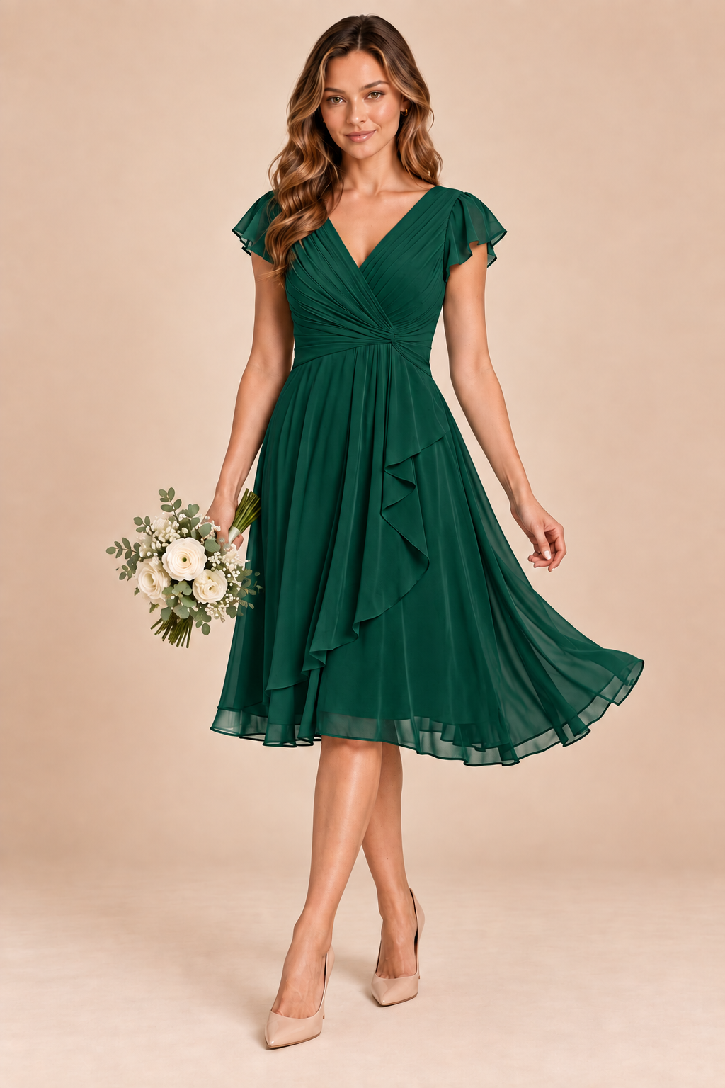 V-Neck Flutter Sleeve Chiffon Short Bridesmaid Dress