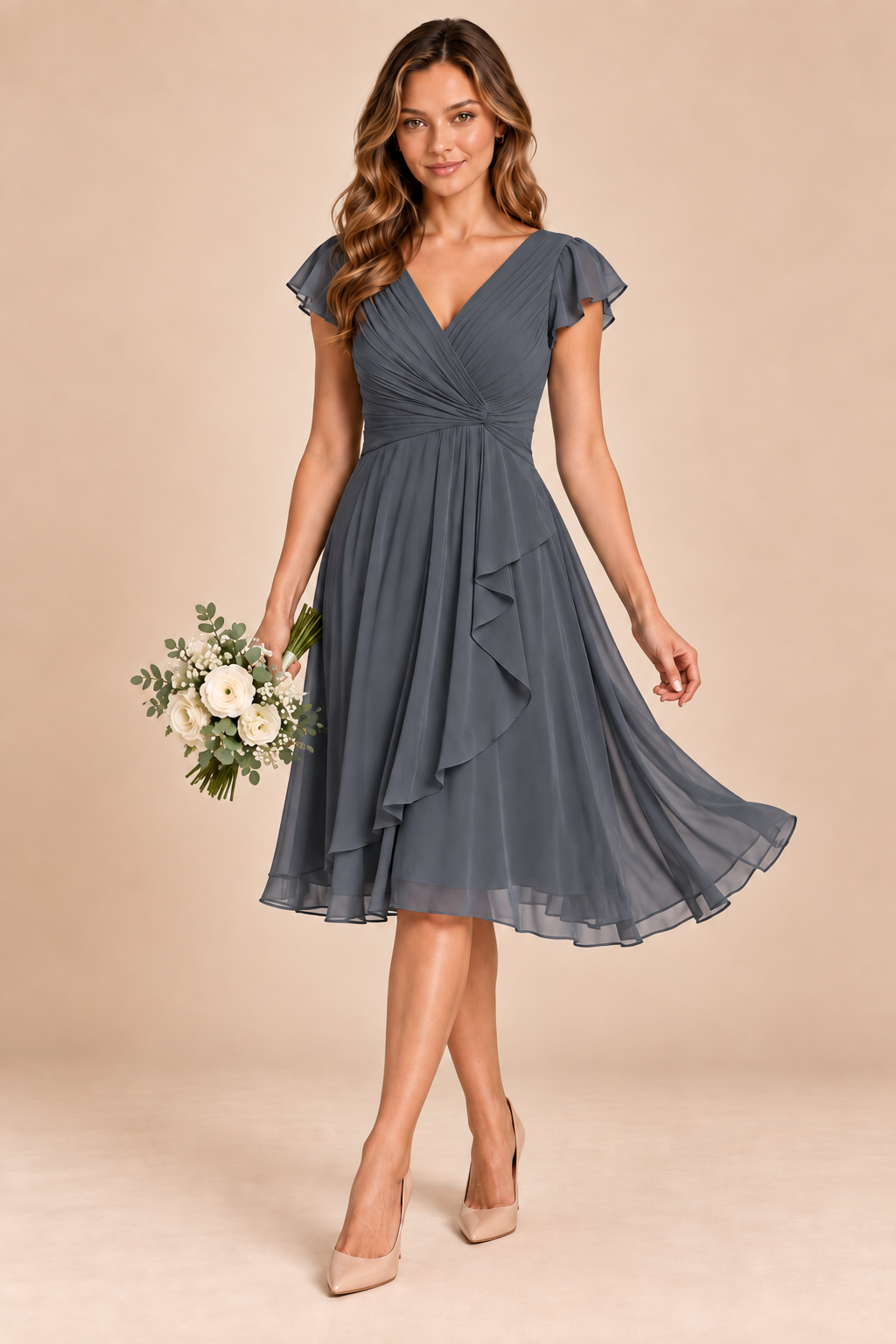 gray v-neck flutter sleeve chiffon short bridesmaid dress, front view