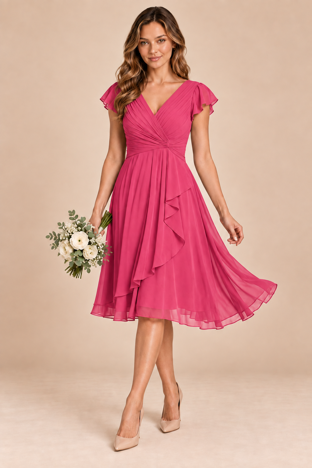 hot pink v-neck flutter sleeve chiffon short bridesmaid dress, front view