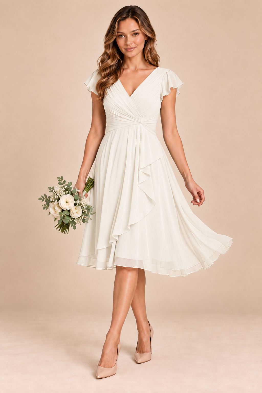 ivory v-neck flutter sleeve chiffon short bridesmaid dress, front view